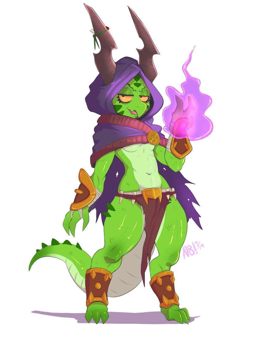 2019 3_toes absurd_res armor breasts clothing female gauntlets gloves green_body green_scales handwear hi_res hood kobold loincloth magic_user midriff nerdbayne open_mouth orange_sclera scales scalie simple_background solo spats spines standing symbol toes under_boob white_background