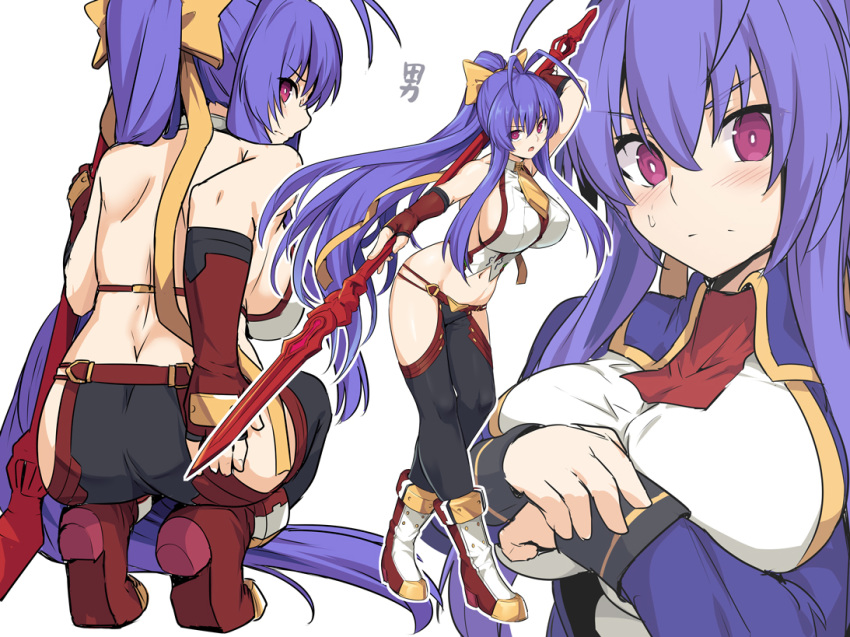 1girl antenna_hair ass backless_outfit bare_shoulders black_pants blazblue blazblue:_central_fiction blazblue_variable_heart blue_hair blush bow breasts closed_mouth commentary_request eyebrows_visible_through_hair full_body genderswap genderswap_(mtf) hair_between_eyes hair_bow halter_top halterneck holding holding_spear holding_weapon large_breasts long_hair looking_at_viewer lowleg lowleg_pants mai_natsume multiple_views orange_bow outseal pants parted_lips polearm ponytail red_eyes revealing_clothes shiseki_hirame simple_background spear very_long_hair weapon white_background yellow_bow