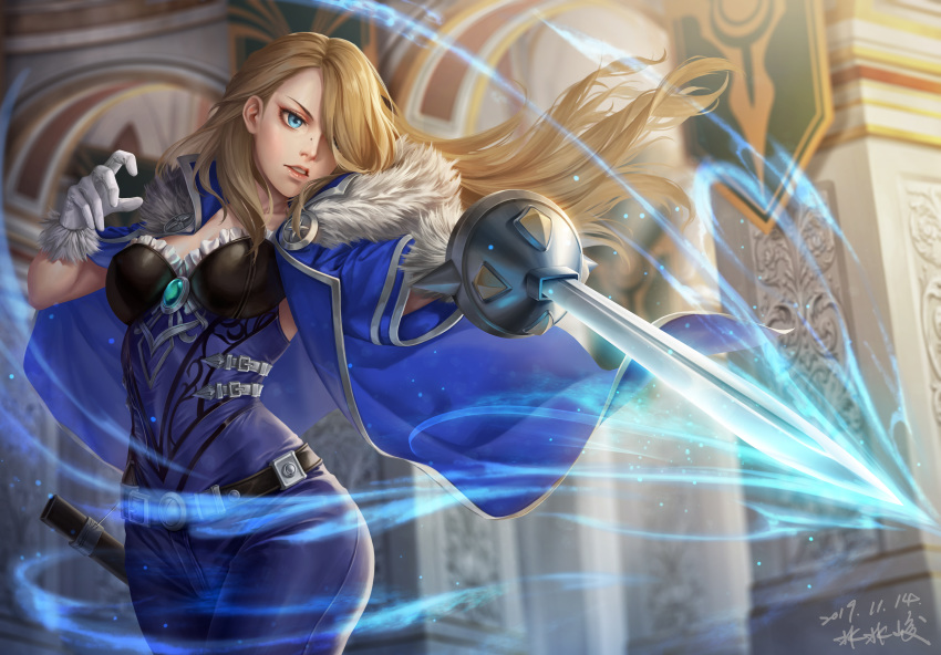 1girl a789gg absurdres belt blonde_hair blue_eyes breasts brown_dust fur_trim gloves hair_over_one_eye highres holding holding_sword holding_weapon jacket long_hair mole parted_lips rapier sheath solo sword weapon white_gloves wilhelmina_(brown_dust)