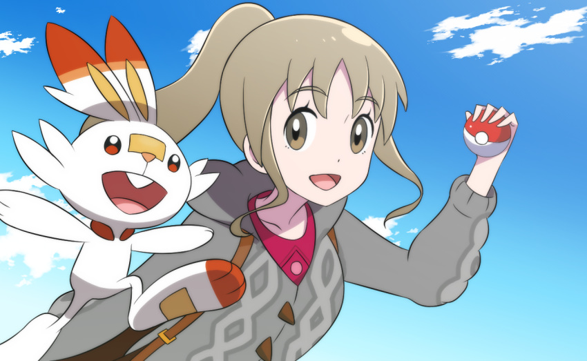 1girl :d bangs blue_sky brown_eyes brown_hair cardigan cloud collared_dress commentary_request cosplay crossover day dress eyebrows_visible_through_hair female_protagonist_(pokemon_swsh) female_protagonist_(pokemon_swsh)_(cosplay) gen_8_pokemon grey_cardigan high_ponytail holding holding_poke_ball long_hair long_sleeves looking_at_viewer nijisanji open_mouth outdoors pink_dress poke_ball poke_ball_(generic) pokemon pokemon_(creature) pokemon_(game) pokemon_swsh ponytail scorbunny shirihime sister_cleaire sky smile solo upper_body virtual_youtuber