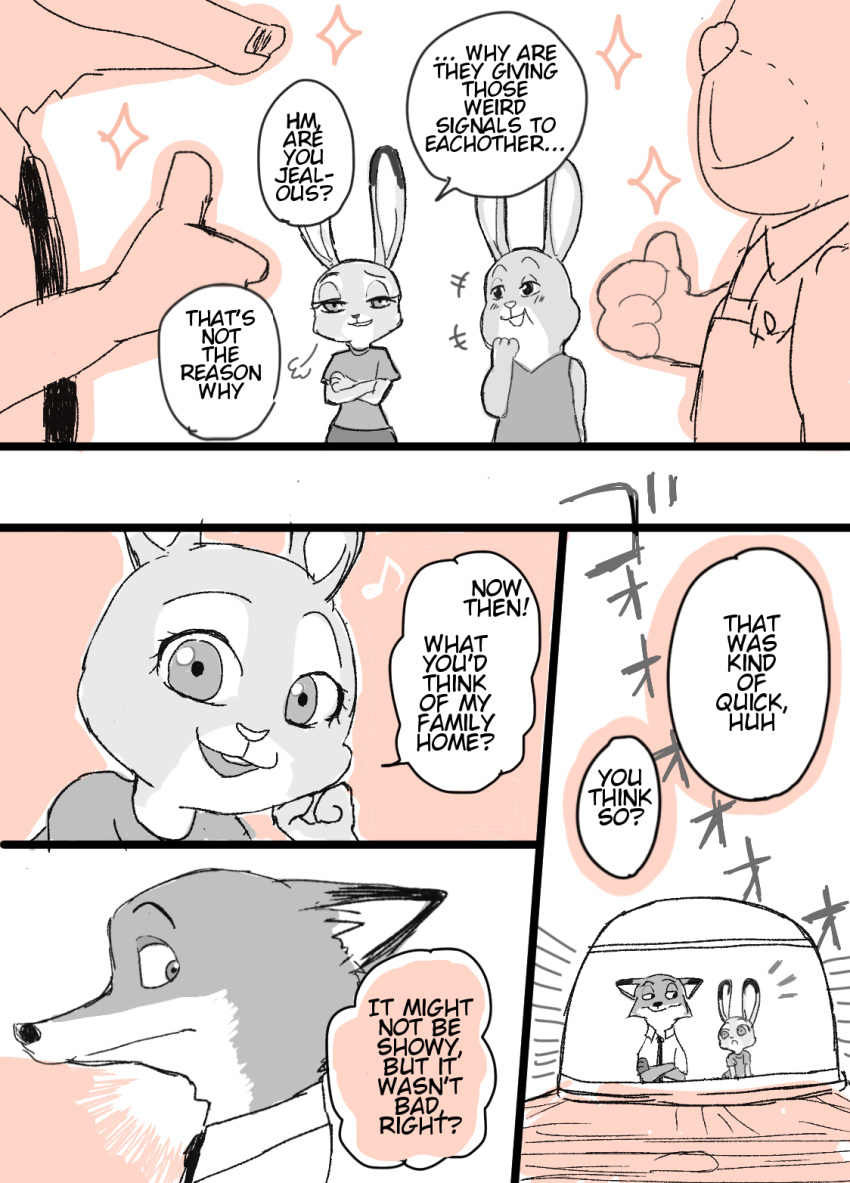 ... ? anthro bonnie_hopps bottomwear canid canine clothed clothing comic dialogue dipstick_ears disney edit english_text fox fully_clothed gesture group hard_translated hi_res judy_hopps lagomorph leporid mammal meno multicolored_ears necktie nick_wilde open_mouth open_smile pants rabbit red_fox shirt smile sparkles speech_bubble stu_hopps t-shirt text thumbs_up topwear translated zootopia