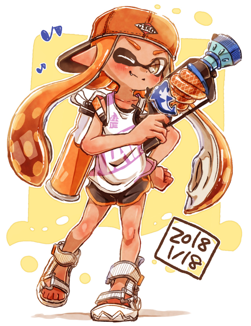 1girl ;) absurdres backwards_hat bangs baseball_cap black_shorts blunt_bangs brown_eyes closed_mouth commentary dark_skin dated domino_mask eighth_note fang full_body gym_shorts hand_on_hip harutarou_(orion_3boshi) hat highres holding holding_weapon ink_tank_(splatoon) inkling l-3_nozzlenose_(splatoon) logo long_hair looking_at_viewer mask musical_note one_eye_closed orange_hair orange_headwear pointy_ears print_shirt sandals shirt short_shorts shorts smile solo splatoon_(series) splatoon_2 standing standing_on_one_leg tank_top tentacle_hair weapon white_footwear white_shirt