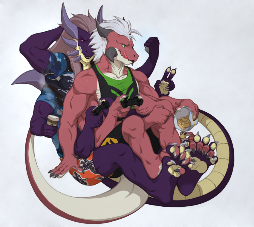 beverage bottomwear chips_(disambiguation) clothing controller cuddling cyber-zai dragon game_controller hi_res horn joystick kumo-kun male male/male multi_arm multi_limb pawpads plantigrade shirt shorts simple_background sitting snack thick_tail tongue tongue_out topwear video_games