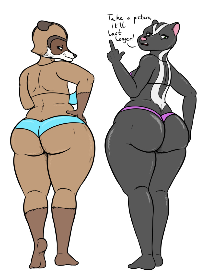 anthro anthrofied big_butt bikini black_body black_fur breasts brown_body brown_fur butt clothing crossgender duo female fur hi_res mammal mature_female mephitid over_the_hedge oystercatcher7 presenting presenting_hindquarters procyonid raccoon rj_(over_the_hedge) shiny simple_background skunk slightly_chubby stella_(over_the_hedge) swimwear white_background