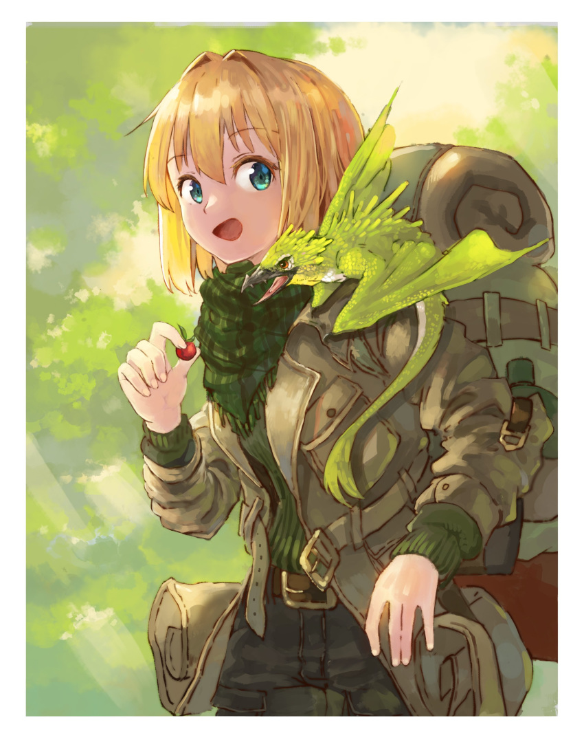 1girl absurdres backpack bag blonde_hair blue_eyes commentary creature eyebrows_visible_through_hair fantasy food fruit highres holding holding_food holding_fruit jacket open_mouth original outdoors scarf short_hair sudzuke