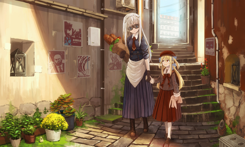 2girls age_difference bag beret blonde_hair blue_eyes bread commentary food gloves goggles hat highres holding_hands long_hair maid maid_cap multiple_girls original plant potted_plant red_eyes scenery shopping_bag stairs stuffed_toy sudzuke twintails two_side_up white_hair