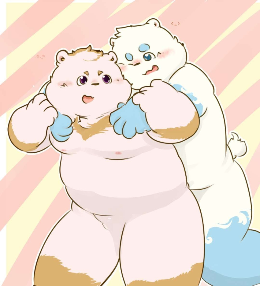 2019 anthro barely_visible_genitalia belly blue_body blue_fur blush duo fur hug hugging_from_behind humanoid_hands male mammal moobs nipples overweight overweight_male ursid white_body white_fur young 熊团沫沫