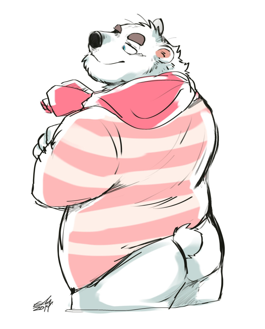 2019 anthro biped black_nose blue_eyes bottomless butt clothed clothing crossed_arms eyebrows fur ginnosuke hi_res male mammal overweight overweight_male pink_clothing pink_shirt pink_topwear polar_bear scarf shirt signature simple_background smile solo standing striped_shirt thick_eyebrows topwear ursid ursine white_background white_body white_fur