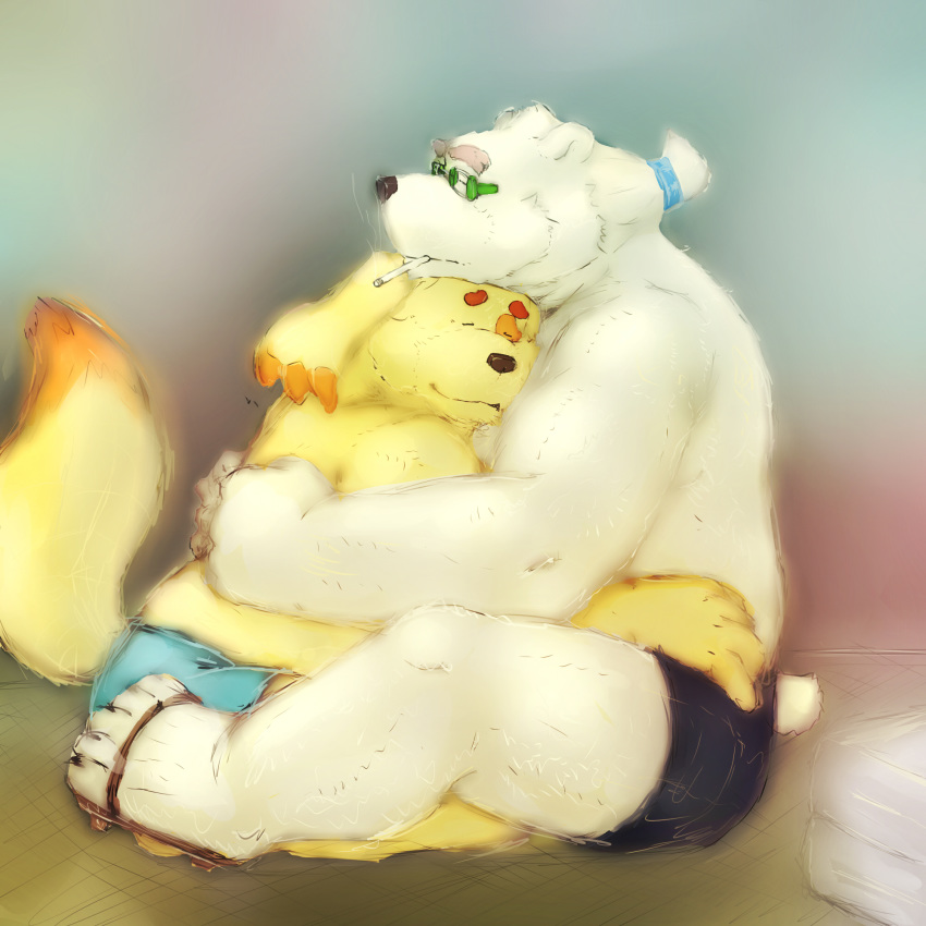 1:1 2019 anthro bottomwear canid canine canis clothing cu_sith_(tas) domestic_dog duo eyes_closed eyewear footwear fur glasses hi_res hug humanoid_hands laohu leib_(tas) male mammal overweight overweight_male polar_bear sandals shorts sitting smoking tokyo_afterschool_summoners ursid ursine video_games white_body white_fur