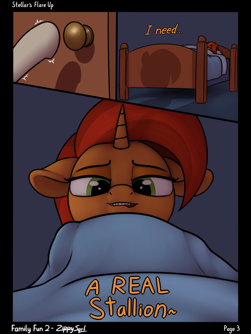 2019 absurd_res bed comic dialogue door duo english_text equid feral friendship_is_magic furniture green_eyes hi_res horn mammal my_little_pony shadow stellar_flare_(mlp) teeth text unicorn zippysqrl