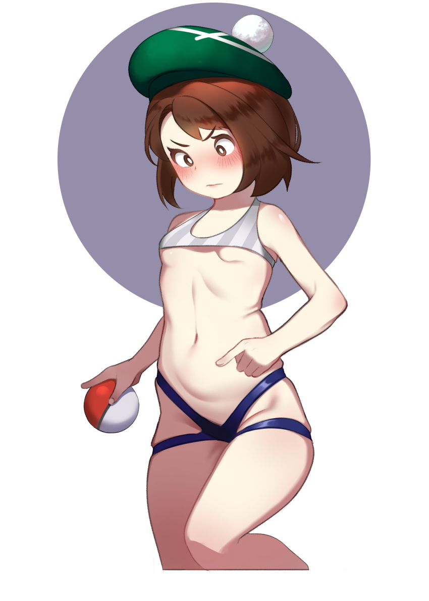 1girl absurdres bangs bare_arms bare_legs bare_shoulders blue_shorts blush bob_cut breasts brown_eyes brown_hair commentary_request female_protagonist_(pokemon_swsh) frown green_headwear hat highres holding navel poke_ball pokemon pokemon_(game) pokemon_swsh shirt short_hair short_shorts shorts simple_background small_breasts solo striped striped_shirt two-tone_background v-shaped_eyebrows vuhh2574 white_shorts