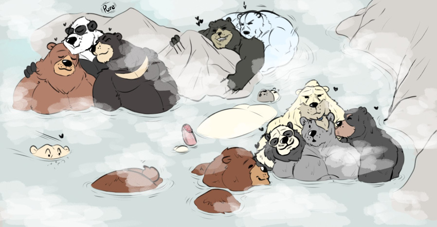 &lt;3 2019 anthro balls bathing black_body black_fur brown_body brown_fur butt erection eyes_closed fur giant_panda group hi_res hug humanoid_hands humanoid_penis male male/male mammal overweight overweight_male penis polar_bear pure_command ursid ursine water white_body white_fur