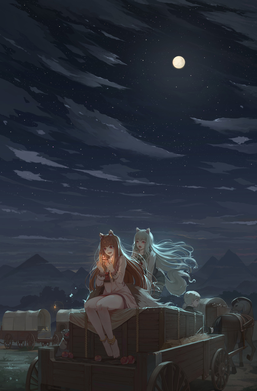 1boy 2girls absurdres animal_ears anklet apple artist_request barefoot box brown_hair cart cloud cloudy_sky commentary_request craft_lawrence dress eyebrows_visible_through_hair fang food fruit full_moon harness highres holo horse jacket jewelry long_hair moon mother_and_daughter multiple_girls myuri_(spice_and_wolf) night night_sky open_mouth pouch red_eyes silver_hair sitting sitting_on_box sky smile sparks spice_and_wolf tail very_long_hair wagon wheat wolf_ears wolf_girl wolf_tail