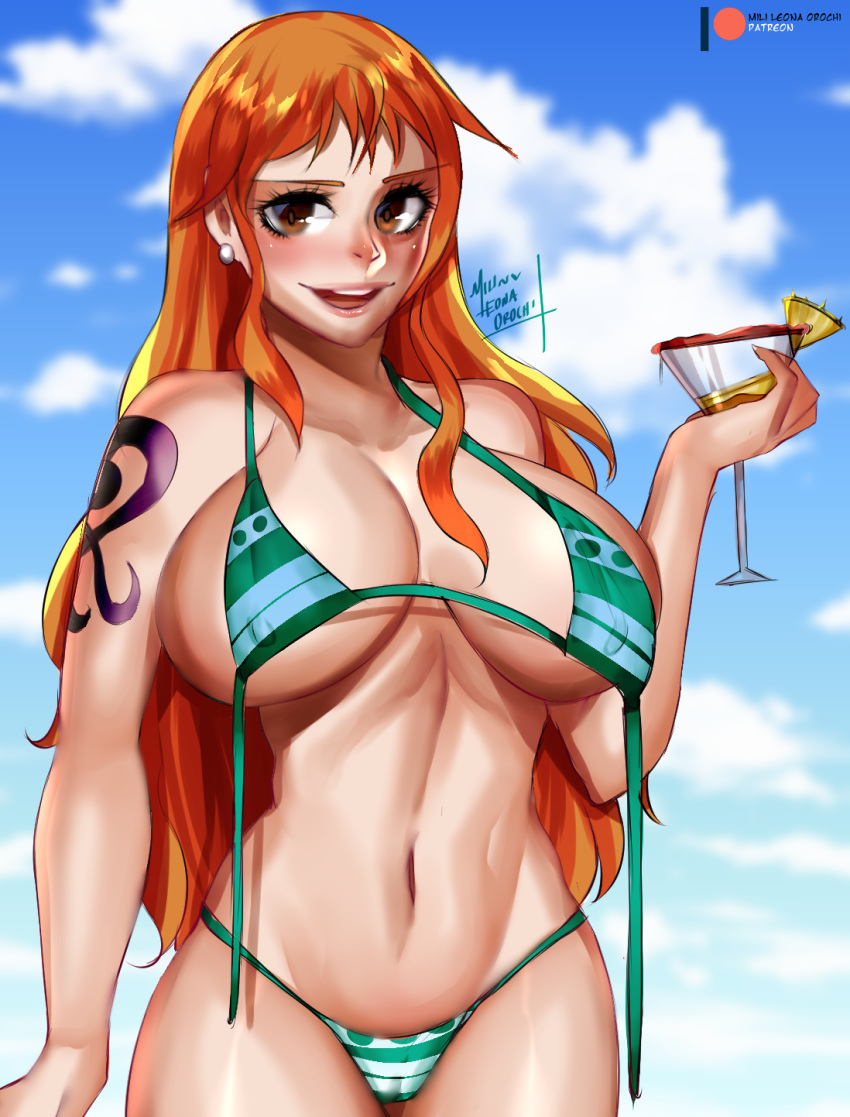 1girl bikini blush breasts brown_eyes cameltoe cocktail cocktail_glass cup day drinking_glass earrings error green_bikini highres jewelry large_breasts lips long_hair looking_at_viewer mili_leona_orochi nami_(one_piece) navel one_piece one_piece:_strong_world orange_hair shoulder_tattoo signature solo standing swimsuit tattoo underboob untied untied_bikini