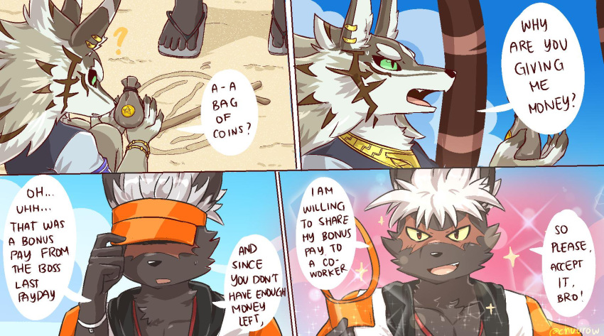 black_body black_fur canid canine canis chuurow comic domestic_dog english_text fur hair hi_res jackal male male/male mammal seth_(tas) tadatomo text tokyo_afterschool_summoners video_games white_hair