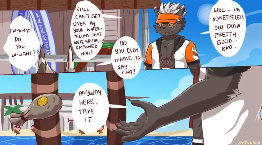 beach canid canine canis chuurow comic domestic_dog english_text hi_res jackal male mammal seaside seth_(tas) tadatomo text tokyo_afterschool_summoners video_games visor_cap