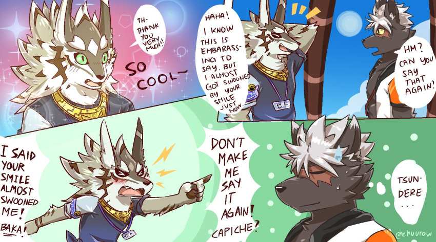 angry beach blush canid canine canis chuurow comic domestic_dog embarrassed english_text hi_res jackal male male/male mammal seaside seth_(tas) tadatomo text tokyo_afterschool_summoners tsundere video_games visor_cap