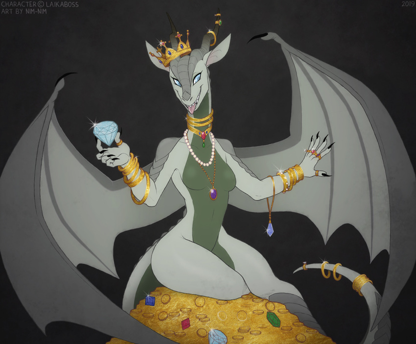 2019 5_fingers blue_eyes bracelet claws coin crown diamond_(gem) dragon emerald_(gem) female fingers gem gold_(metal) gold_coin horn_ring jewelry necklace nim-nim nude ring ruby_(gem) sapphire_(gem) smile solo spread_wings tail_ring tongue tongue_out treasure wings