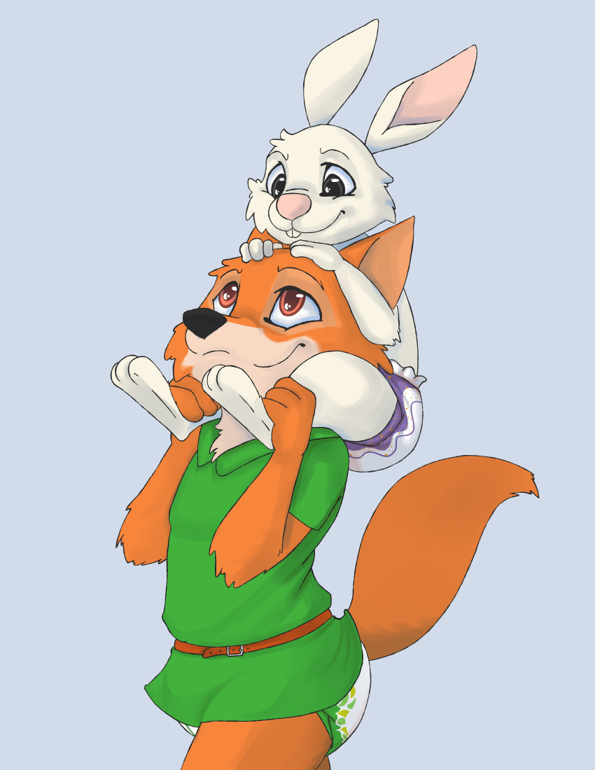 absurd_res canid canine child clothing cub diaper disney duo feet fox hi_res kuuneho lagomorph leporid male mammal piggy_back rabbit robin_hood robin_hood_(disney) skippy smile teeth tunic young