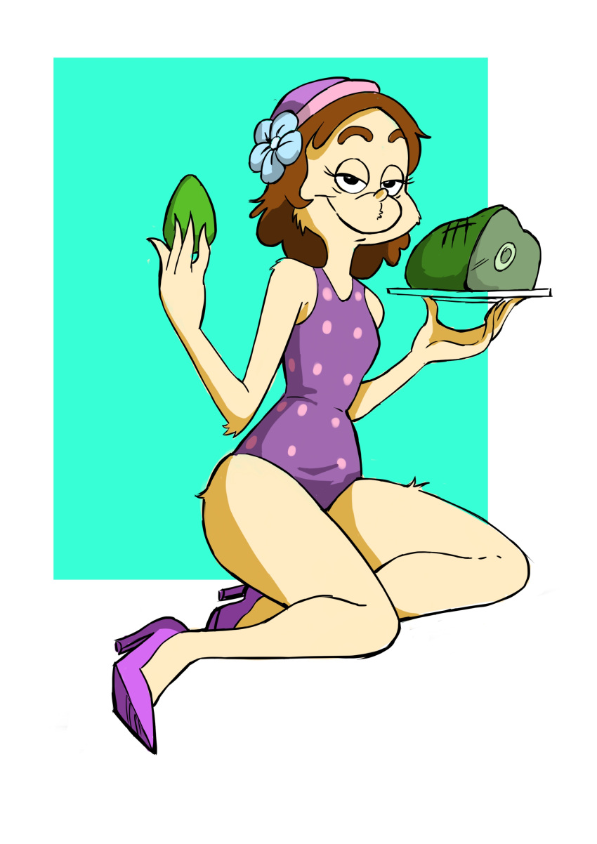 absurd_res brown_hair clothing dr._seuss egg female food footwear green_eggs_and_ham green_eggs_and_ham_(animated_series) hair half-closed_eyes ham hi_res high_heels humanoid looking_at_viewer meat michellee one-piece_swimsuit pork shoes swimwear unknown_species