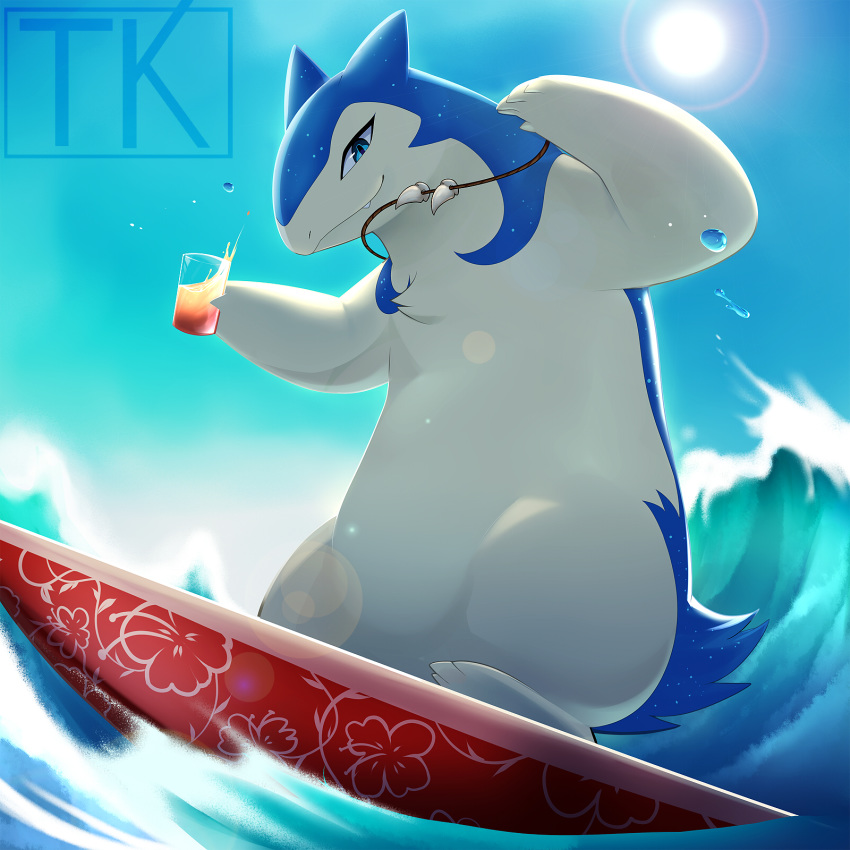 1:1 beverage digital_media_(artwork) fan_(disambiguation) glass hi_res nintendo pok&eacute;mon pok&eacute;mon_(species) sea solo surfboard surfing takeo_(artist) typhlosion video_games water