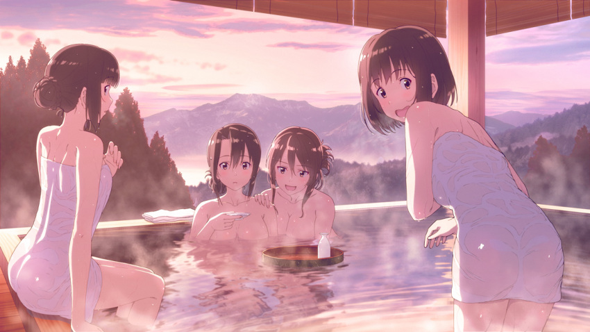 4girls afloat alternate_hairstyle ashigara_(kantai_collection) ass bangs bare_shoulders bathing black_hair blush brain breasts brown_eyes cleavage collarbone commentary_request cup eyebrows_visible_through_hair folded_ponytail haguro_(kantai_collection) hair_bun hand_on_own_chest holding holding_cup kantai_collection key_kun large_breasts leaning_forward looking_at_viewer looking_back mountain mountainous_horizon multiple_girls myoukou_(kantai_collection) nachi_(kantai_collection) naked_towel nude onsen partially_submerged pink_sky reflection ripples short_hair shoulder_blades soaking_feet standing steam sunlight tokkuri towel tray tree v-shaped_eyebrows water wet_towel