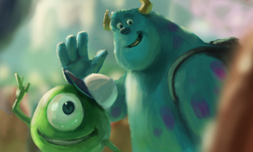 2013 anthro blue_body blue_fur clothing disney duo fur green_body hat headgear headwear horn humanoid_hands mike_wazowski monster monsters_inc pixar sulley yamowl