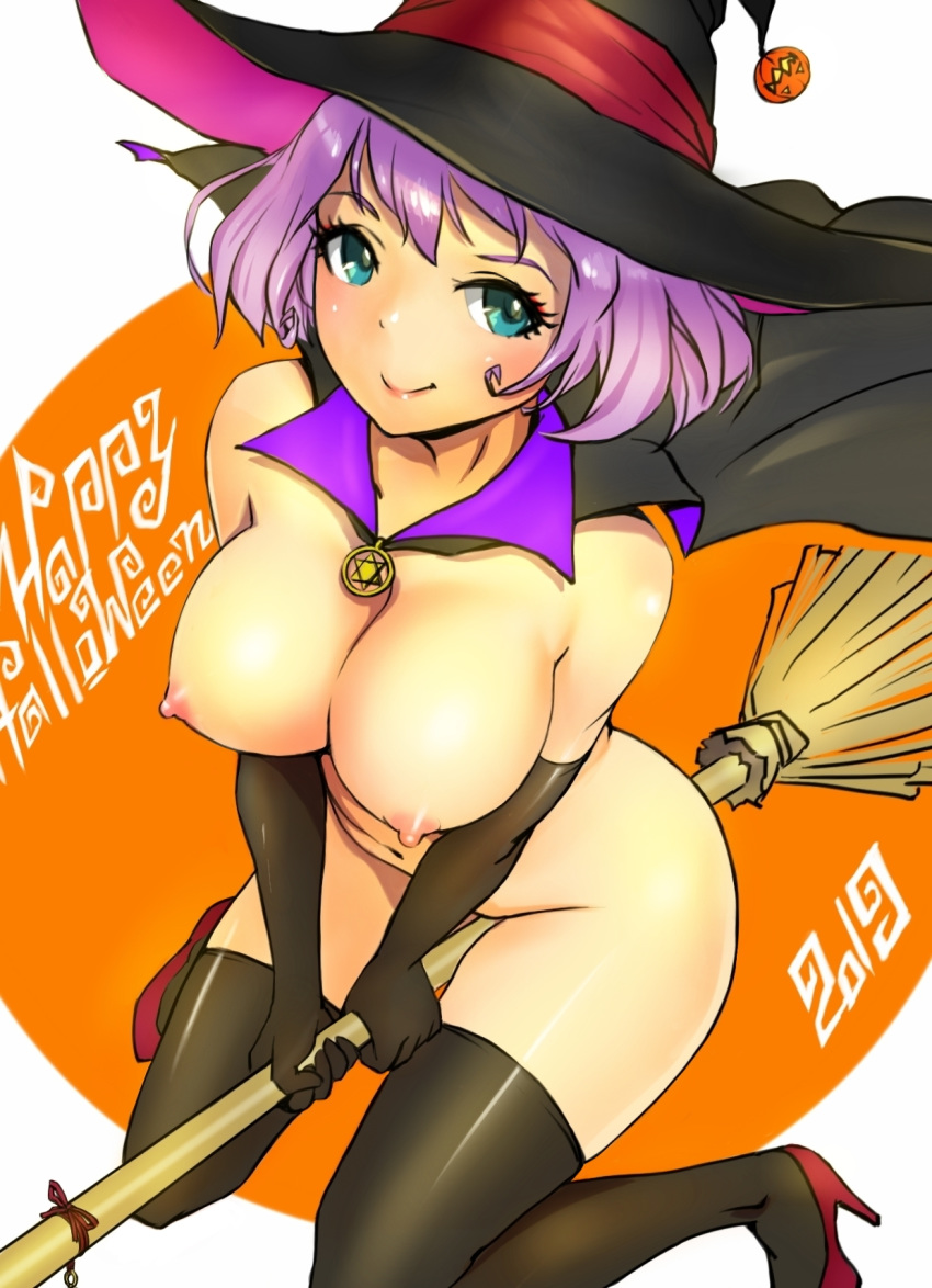 1girl 2019 black_gloves black_legwear blue_eyes breasts broom broom_riding cape elbow_gloves from_above gloves halloween happy_halloween hat hexagram high_heels highres large_breasts lips looking_at_viewer looking_up nipples nude onsen_tengoku orange_background original pumpkin purple_hair red_footwear simple_background smile solo thighhighs witch witch_hat