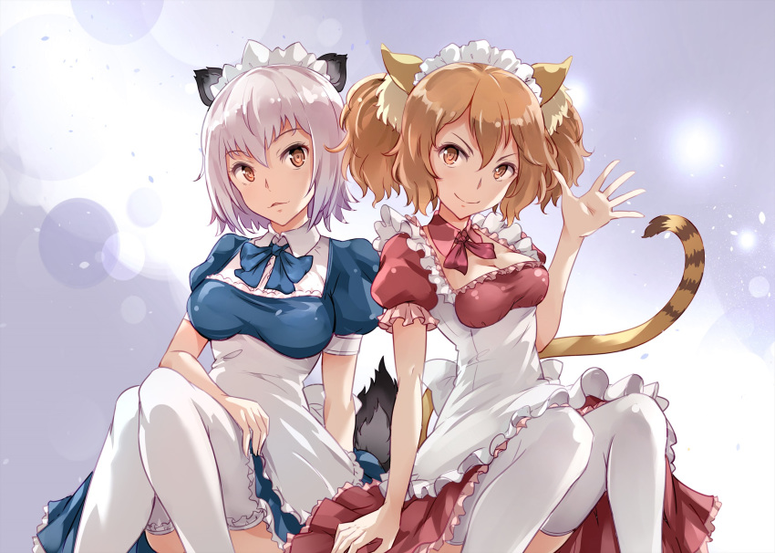 2girls animal_ear_fluff animal_ears apron arm_support badger_ears badger_tail bangs blue_dress blue_ribbon breasts brown_eyes cleavage closed_mouth collared_dress detached_collar dress eyebrows_visible_through_hair foreshortening frilled_apron frilled_dress frilled_sleeves frills gradient gradient_background hair_between_eyes hand_on_own_thigh hand_up highres killing_bites light_brown_hair looking_at_viewer maid_headdress medium_breasts moupii_(hitsuji_no_ki) multiple_girls nakanishi_eruza neck_ribbon parted_lips petticoat puffy_short_sleeves puffy_sleeves red_dress red_ribbon ribbon shiny shiny_hair short_hair short_sleeves sidelocks sitting smile tail thighhighs thighs twintails uzaki_hitomi white_apron white_background white_hair white_legwear wing_collar