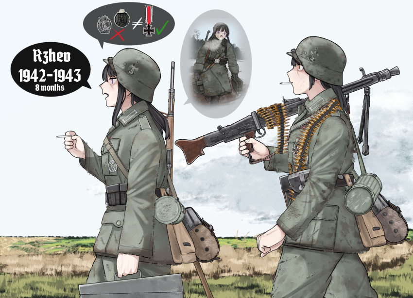 2girls black_hair cigarette german_army green_jacket green_pants gun helmet highres holding holding_cigarette iron_cross jacket long_sleeves machine_gun medal mg42 military military_uniform multiple_girls nazi original outdoors pants purple_eyes red_eyes rifle rifle_on_back smoking speech_bubble stahlhelm swastika the_zombie5555 uniform weapon world_war_ii