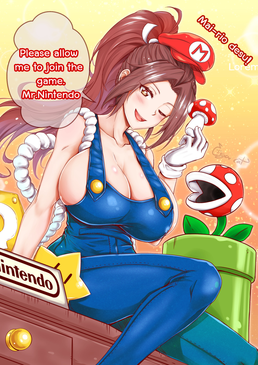 1girl ?_block absurdres blue_overalls breasts brown_eyes brown_hair cigar_cat collarbone cosplay english_text fatal_fury high_ponytail highres large_breasts mario mario_(cosplay) mushroom naked_overalls one_eye_closed overalls pipe piranha_plant ponytail rope shiranui_mai sideboob sitting smash_is_for_good_boys_and_girls solo speech_bubble star super_smash_bros. text_focus the_king_of_fighters warp_pipe