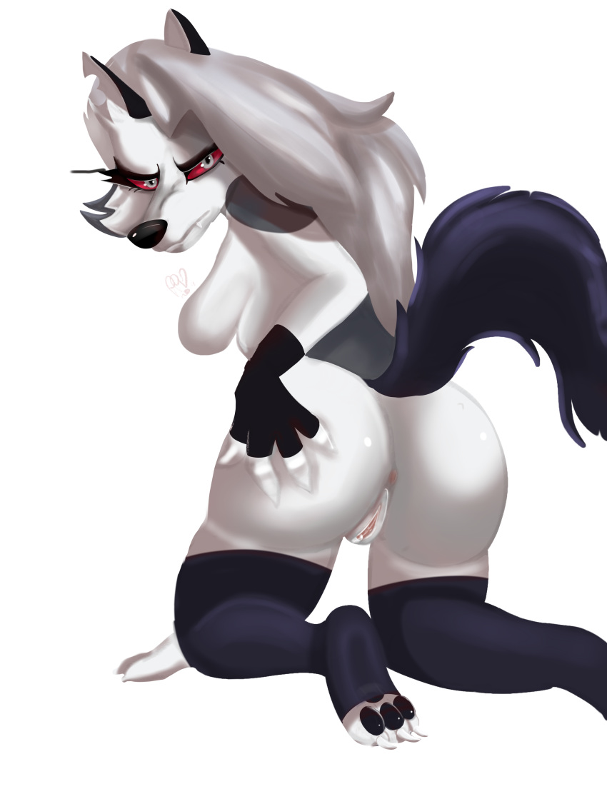 absurd_res angry anthro butt canid canine canis clitoris clothing female frown fur hair hi_res legwear looking_at_viewer loona loona_(vivzmind) mammal pplover pussy raised_tail red_eyes socks solo white_body white_fur white_hair wolf