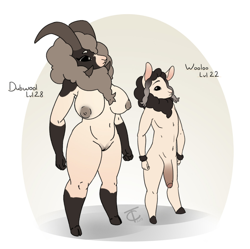 anthro big_breasts black_eyes breasts brown_body brown_fur dubwool duo evolutionary_family female fur horn male nintendo nude penis pok&eacute;mon pok&eacute;mon_(species) pussy shiny_pok&eacute;mon simple_background size_difference triplecorne video_games wooloo