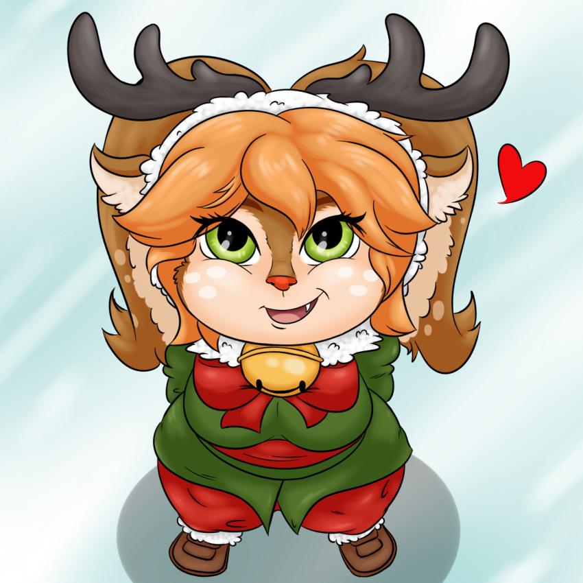 &lt;3 2018 alternate_species antlers bell bird's-eye_view bow breasts brown_fur cervine christmas clothed clothing digital_media_(artwork) female fur grandpaced green_eyes hair hi_res high-angle_view holidays horn jacket league_of_legends looking_at_viewer mammal multicolored_fur open_mouth orange_hair poppy_(lol) red_nose reindeer riot_games short_stack simple_background smile solo thick_thighs two_tone_fur video_games