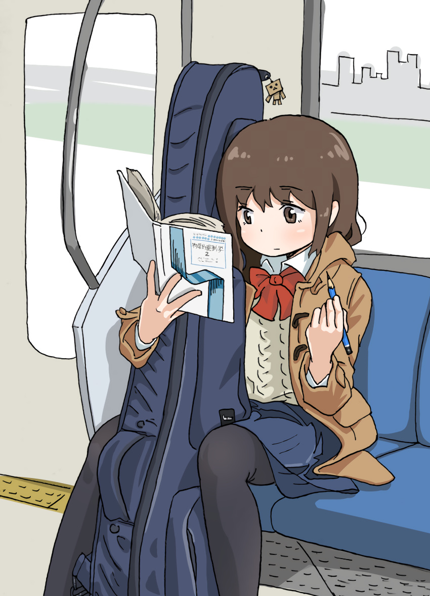 1girl bag_charm bass_guitar book brown_eyes brown_hair charm_(object) commentary danboo guitar_case highres instrument instrument_case jacket original pantyhose pencil school_uniform sitting solo studying tariki_fretless train_interior