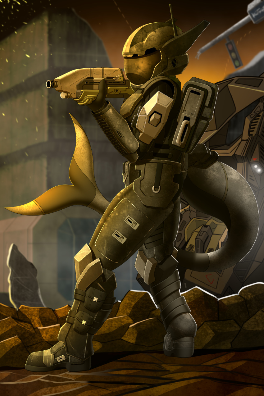 2019 absurd_res ambiguous_gender anthro armor day detailed_background digital_media_(artwork) fin fish hi_res holding_gun holding_object holding_weapon marine outside shark sky solo standing tales_foxdale weapon