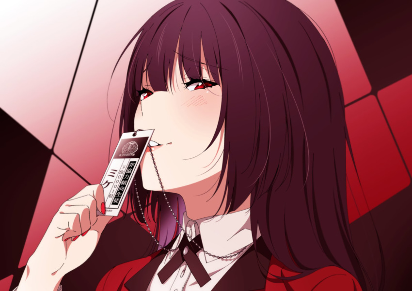 black_hair blush jabami_yumeko kakegurui long_hair ntend red_eyes school_uniform