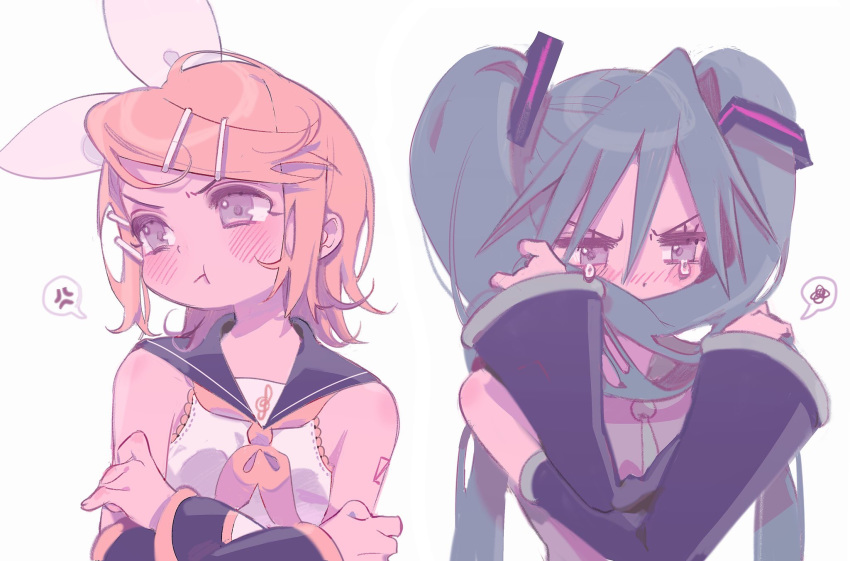 2girls :i :t anger_vein angry annoyed aqua_hair aqua_neckwear bare_shoulders blonde_hair blush bow covering_mouth crossed_arms detached_sleeves grey_eyes hair_bow hair_grab hair_in_mouth hair_ornament hairclip hatsune_miku highres inhye kagamine_rin long_hair looking_away multiple_girls necktie number_tattoo pastel_colors pout sailor_collar shirt shoulder_tattoo sleeveless sleeveless_shirt spoken_anger_vein spoken_squiggle squiggle tattoo tearing_up treble_clef twintails upper_body upset v-shaped_eyebrows very_long_hair vocaloid