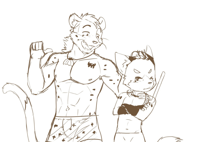 abs annoyed black_and_white blush bulge canid canine clothed clothing crossed_arms duo felid fox hi_res jewelry line_art male mammal monochrome muscular muscular_male necklace pantherine pecs sharparadise snorkel swimming_goggles tiger topless young