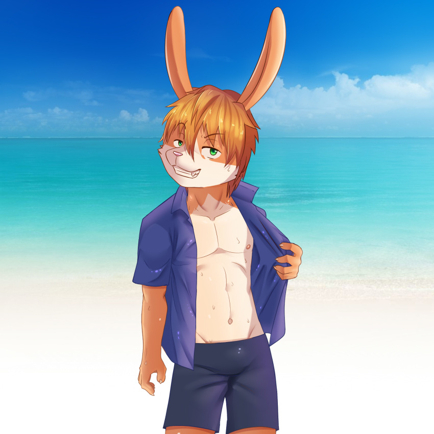 1:1 abs athletic beach bodily_fluids bulge clothed clothing hi_res lagomorph leporid male mammal open_shirt pecs rabbit sea seaside seductive sharparadise shirt solo sweat topwear water young