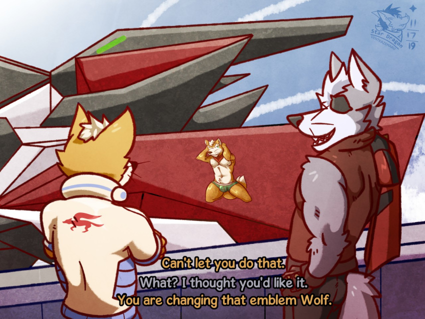 4:3 briefs canid canine canis clothed clothing eye_patch eyewear fox fox_mccloud mammal neckerchief nintendo sky star_fox text topless underwear ventkazemaru video_games whiskers wolf wolf_o'donnell