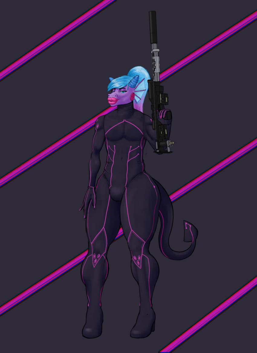 2019 5_fingers absurd_res anthro big_butt bulge butt clothed clothing crossdressing demino_(deminothedragon) digital_media_(artwork) dragon eyelashes eyeshadow fingers footwear girly gun hair hi_res high_heels holding_gun holding_object holding_weapon horn lips lipstick looking_at_viewer makeup male mihaelt ranged_weapon rifle scalie shoes simple_background smile sniper sniper_rifle solo standing stealth_suit thick_lips thick_thighs weapon wide_hips
