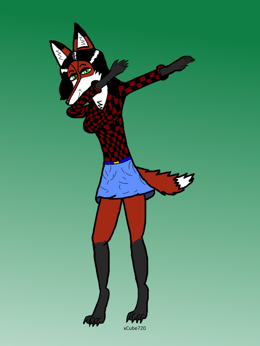 absurd_res anthro belt black_body black_fur black_hair breasts canid canine chest_tuft claws clothing dabbing denim denim_clothing denim_skirt dipstick_tail female fox fur green_eyes hair hi_res invalid_tag looking_at_viewer mammal meme multicolored_tail paws plaid_shirt red_body red_fox red_fur smile solo standing tuft victoria_sheppard white_body white_fur xcube720