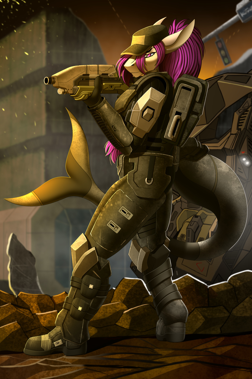 2019 absurd_res anthro armor day detailed_background digital_media_(artwork) eyebrows eyelashes female fin fish hi_res holding_gun holding_object holding_weapon marine outside shark sky solo standing tales_foxdale weapon