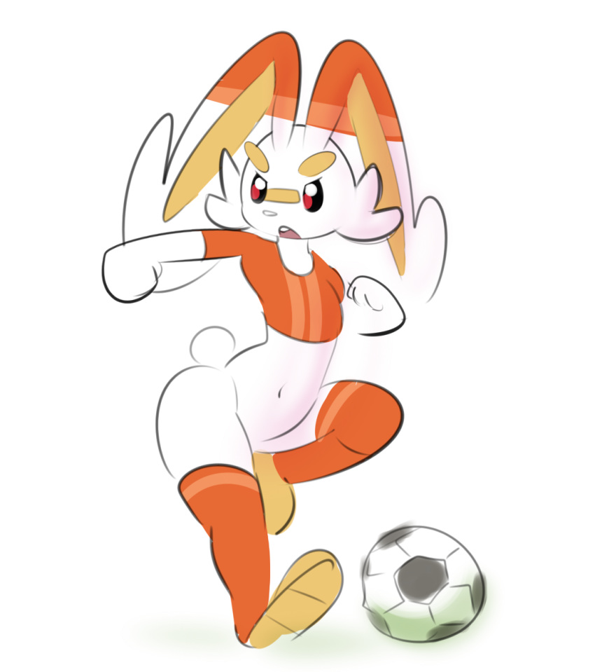 ambiguous_gender anthro anthrofied ball bottomless clothed clothing elpatrixf fur hi_res lagomorph mammal nintendo open_mouth pok&eacute;mon pok&eacute;mon_(species) pok&eacute;morph scorbunny simple_background soccer_ball solo video_games white_background white_body white_fur