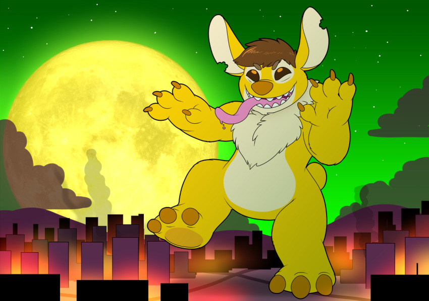 2019 3_toes 4_fingers alien brown_claws brown_eyes brown_hair brown_nose brown_pupils city claws cloud digital_media_(artwork) disney experiment_(lilo_and_stitch) fan_character fingers fur green_sky hair kitsunekit lilo_and_stitch long_tongue macro moon night_sky notched_ear outside short_hair small_tail smoke solo stitchils toes tongue tongue_out yellow_body yellow_fur