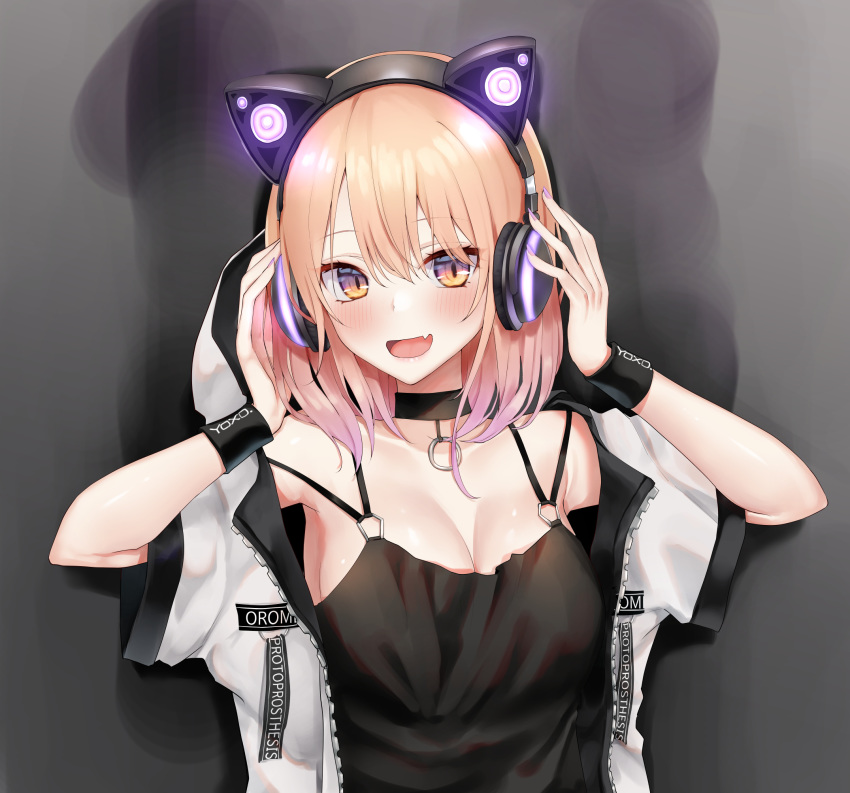 1girl animal_ears bangs black_camisole black_choker blonde_hair breasts camisole cat_ear_headphones cat_ears choker commentary_request eyebrows_visible_through_hair fake_animal_ears fingernails gradient_hair hair_between_eyes hands_on_headphones hands_up headphones highres hood hood_up hooded_jacket jacket medium_breasts multicolored_hair nail_polish open_clothes open_jacket original piripun purple_eyes purple_hair purple_nails solo upper_body white_jacket wristband