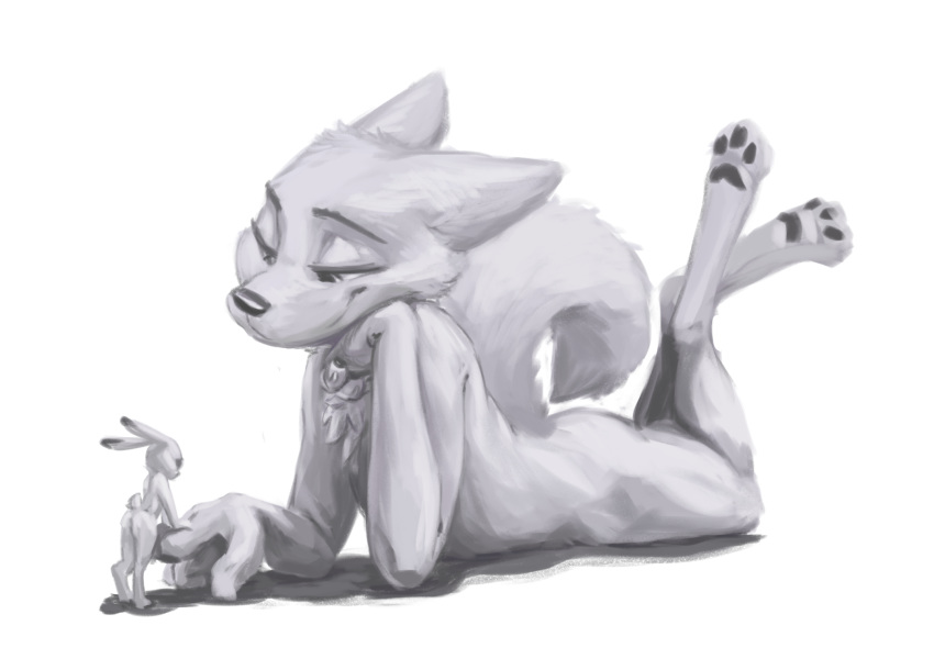 2019 anthro arm_support canid canine cheek_tuft chest_tuft dipstick_ears disney duo facial_tuft female fox greyscale half-closed_eyes head_tuft hi_res ittybittykittytittys judy_hopps lagomorph leaning_on_elbow legs_up leporid lying macro mammal micro micro_on_macro monochrome multicolored_ears nude on_front pawpads rabbit simple_background size_difference skye_(zootopia) smile standing tuft white_background zootopia