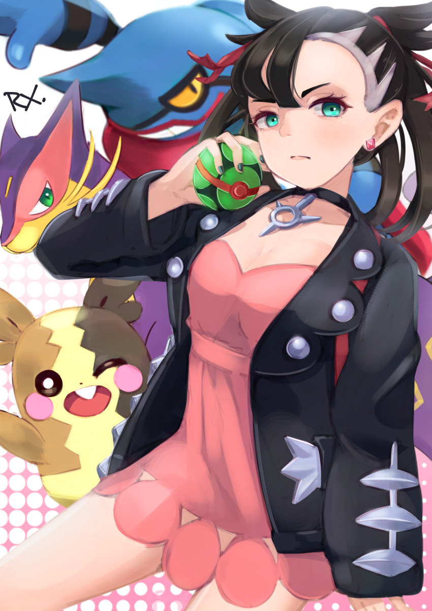 1girl absurdres angruoxin aqua_eyes artist_name asymmetrical_bangs bangs black_choker black_jacket breasts choker cleavage closed_mouth commentary_request cowboy_shot dotted_background dress dusk_ball earrings fang gen_4_pokemon gen_5_pokemon gen_8_pokemon green_nails highres holding holding_poke_ball jacket jewelry liepard long_hair long_sleeves looking_at_viewer mary_(pokemon) morpeko open_clothes open_jacket pendant pink_dress poke_ball pokemon pokemon_(creature) pokemon_(game) pokemon_swsh red_ribbon ribbon serious short_dress small_breasts thighhighs toxicroak twintails