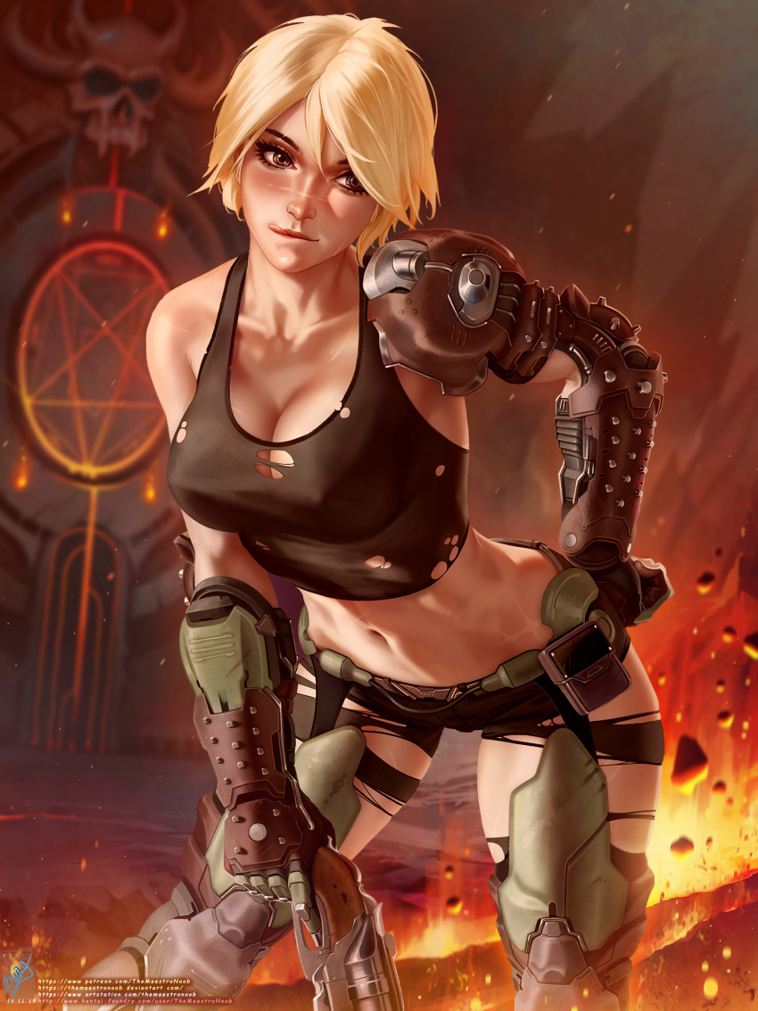 1girl :q black_eyes black_pants blonde_hair blurry blurry_background breasts cleavage collarbone commentary contrapposto dated doom_(game) doomguy english_commentary facial_scar fire genderswap genderswap_(mtf) georgy_stacker gun hand_on_hip highres holding holding_gun holding_weapon leaning_forward medium_breasts midriff navel pants pentagram scar short_hair single_bare_shoulder solo tank_top tongue tongue_out torn_clothes watermark weapon web_address